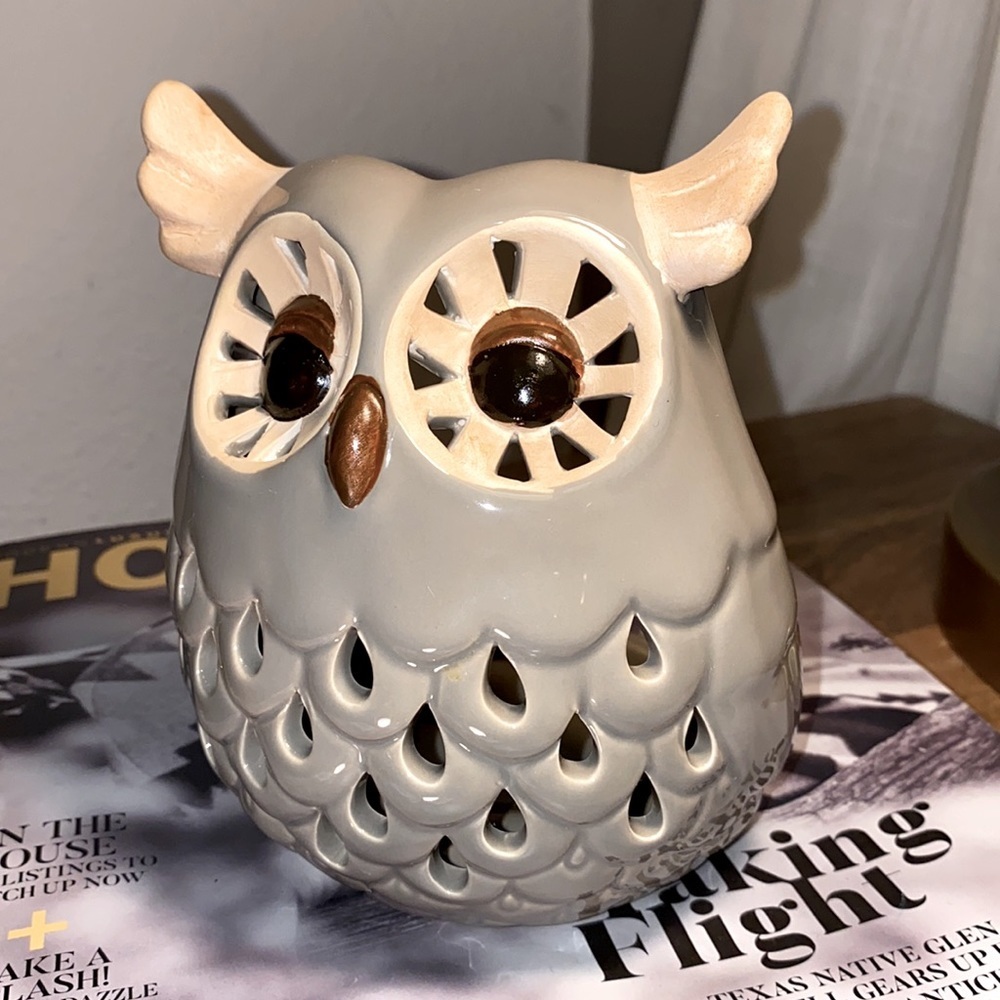 Grey brown tan owl candleholder counter decorative animal fixture ceramic glass - Picture 7 of 14